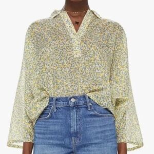 XIRENA Blouse Green Yellow Floral collared Womens xl New